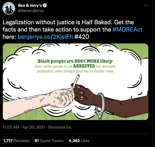 Ben and Jerry's encourages Congress to pass the MORE act on Twitter.