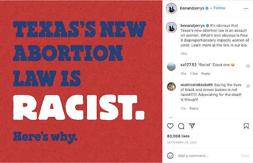 Screenshot of Ben and Jerry's sharing their reaction to the Texas abortion law on Instagram.