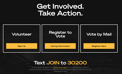 Fetterman's opportunities to take action including volunteering, voting information, registering to vote by mail, and joining Fetterman's text program.