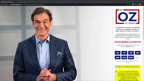 GIF showing Dr. Oz's donation page including pre-checked boxes and a pop-up.