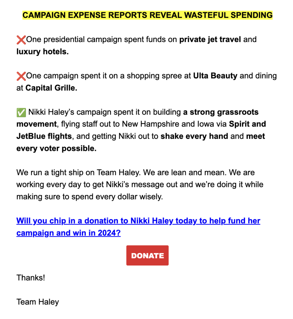 nikki haley email calling out her opponents