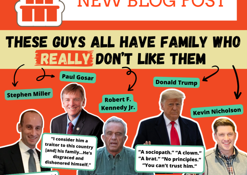 A photo of 5 political candidates and quotes from their family who campaigned against them. On the list is Wisconsin Senate candidate Kevin Nicholson, Donald Trump, Congressman Paul Gosar, RFK Jr and Stephen Miller